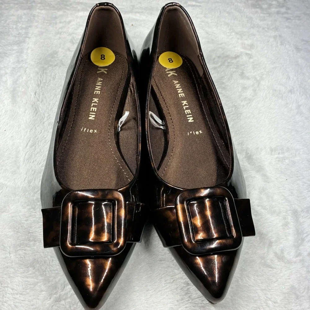 New Anne Klein Karisma Tortoise Shell Pointed Toe iFlex Flats Buckle Shoes 8M